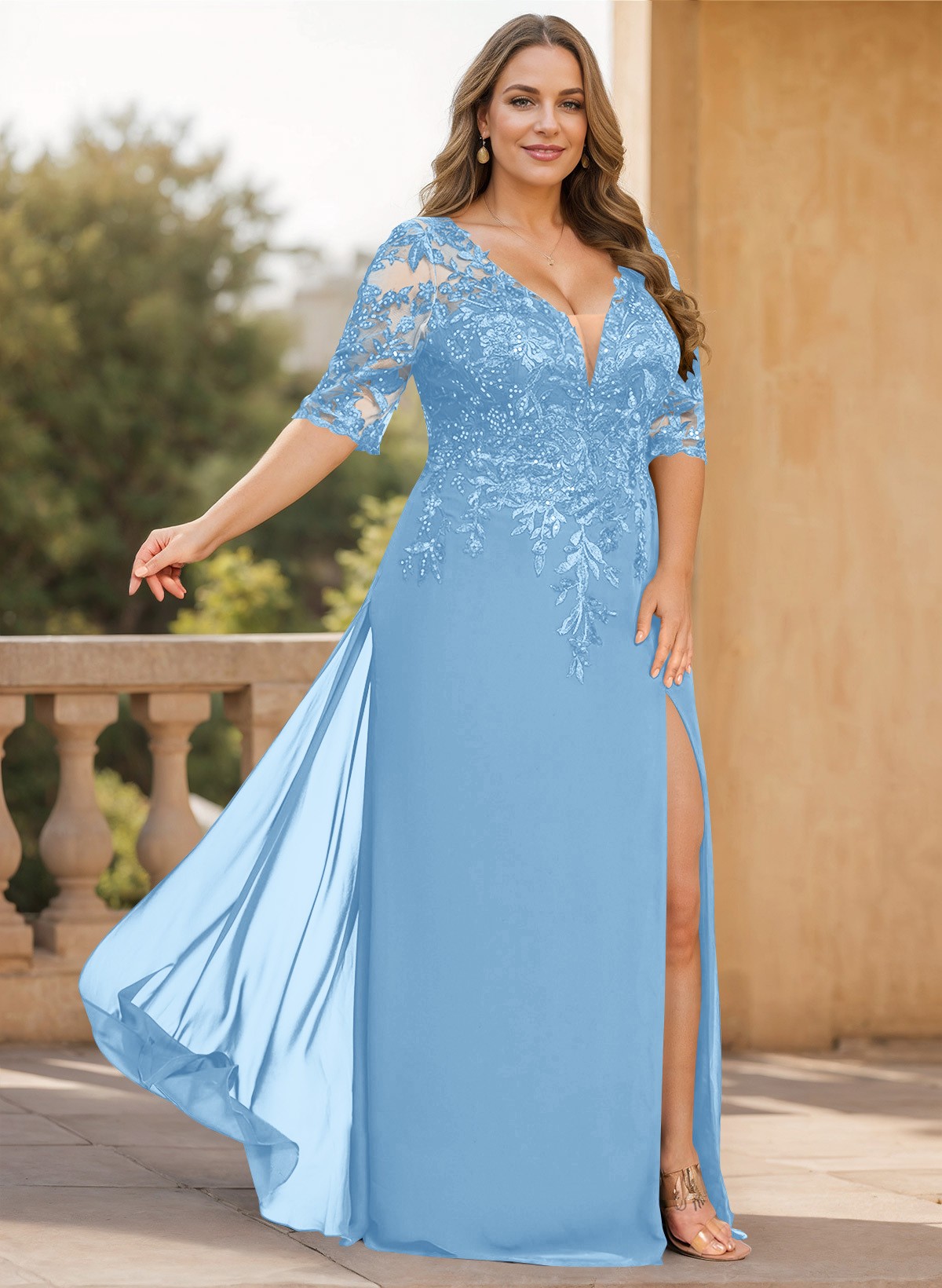 Exquisite Plunge Neck Floral Embroidered Sleeves Chiffon Mother Of The Bride Dresses With High Split