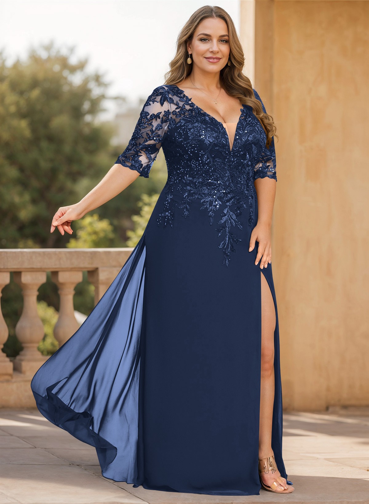 Exquisite Plunge Neck Floral Embroidered Sleeves Chiffon Mother Of The Bride Dresses With High Split