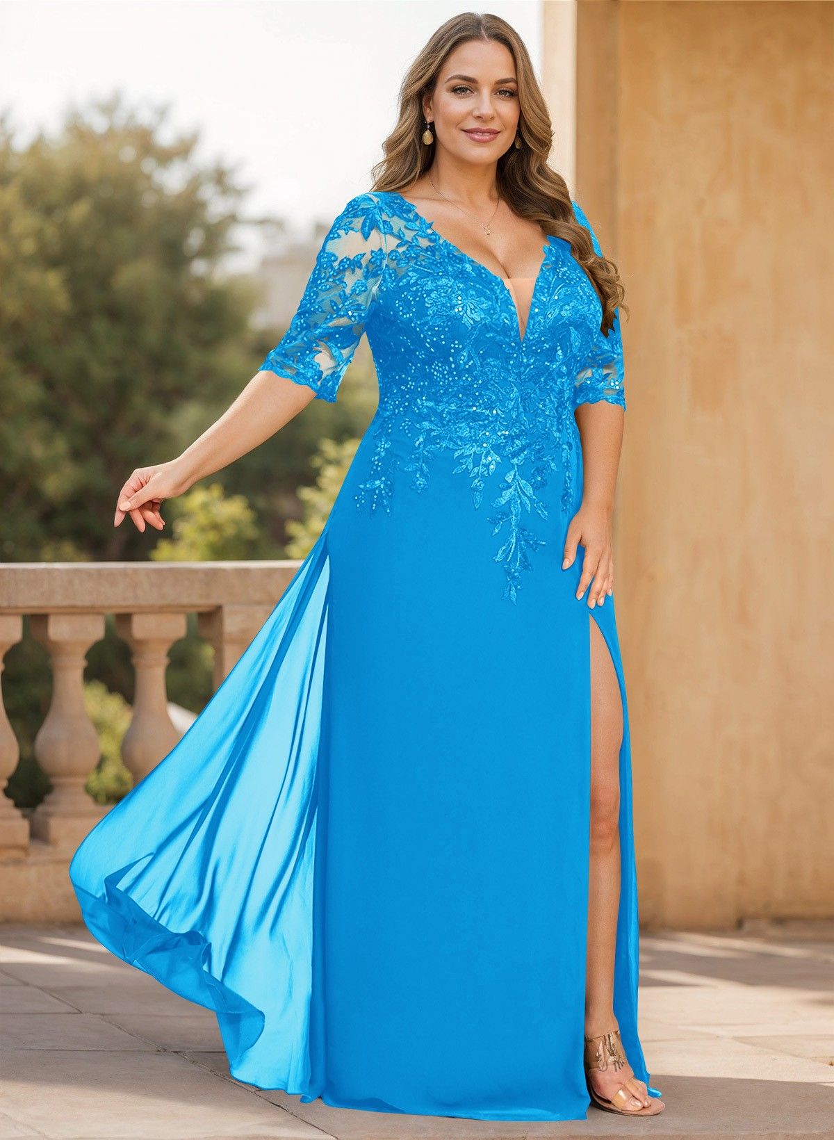 Exquisite Plunge Neck Floral Embroidered Sleeves Chiffon Mother Of The Bride Dresses With High Split