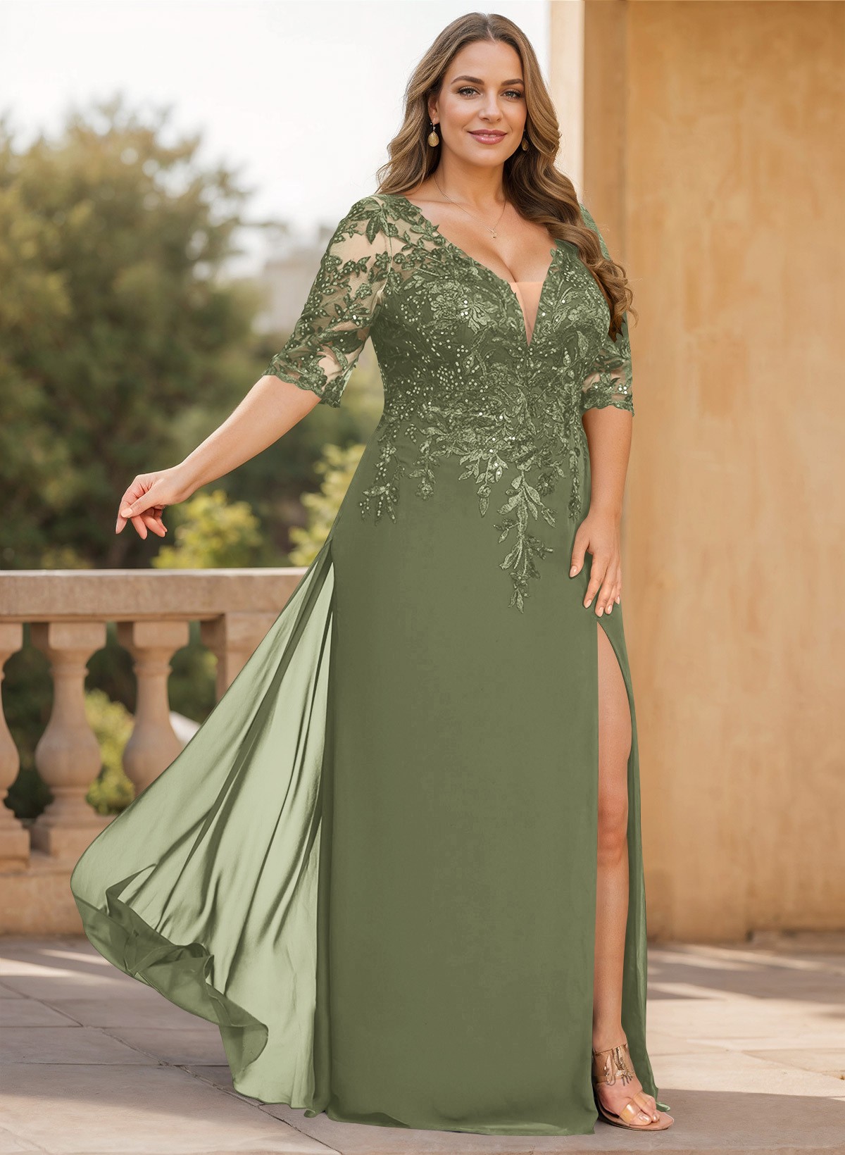 Exquisite Plunge Neck Floral Embroidered Sleeves Chiffon Mother Of The Bride Dresses With High Split