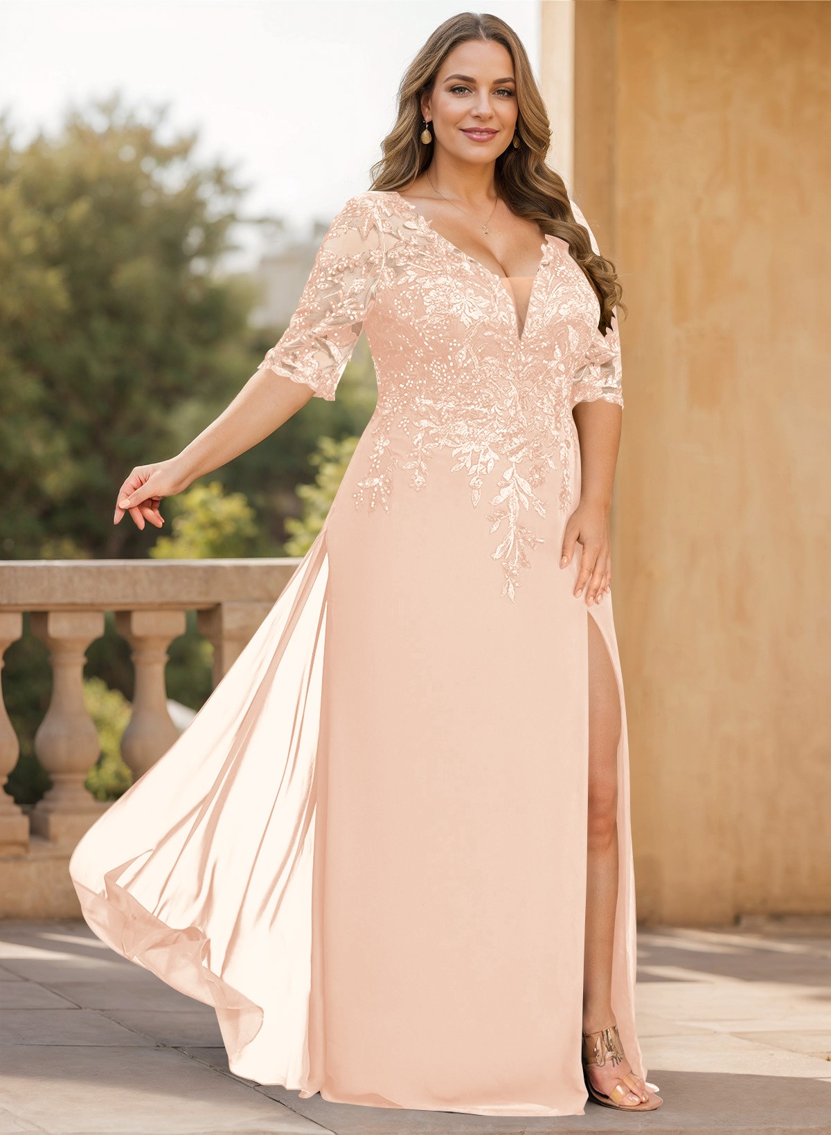 Exquisite Plunge Neck Floral Embroidered Sleeves Chiffon Mother Of The Bride Dresses With High Split