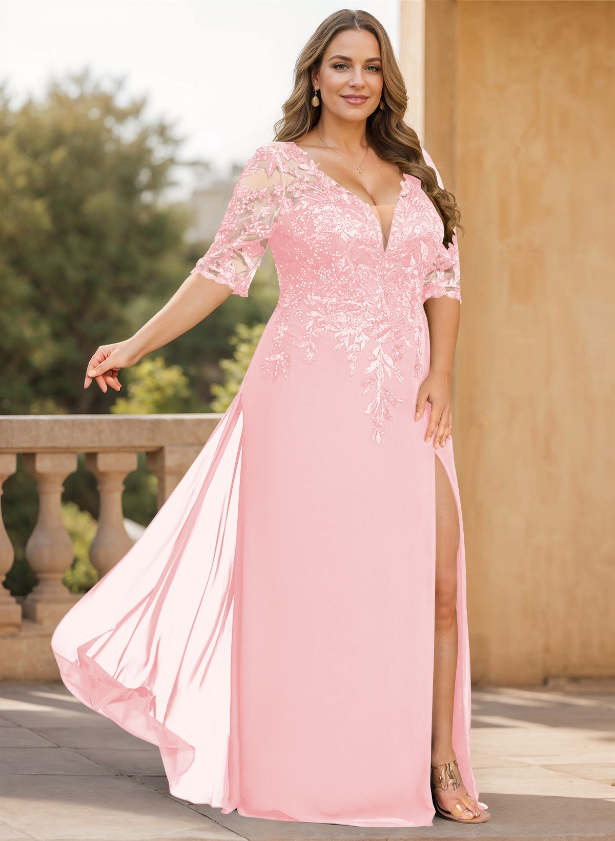 Exquisite Plunge Neck Floral Embroidered Sleeves Chiffon Mother Of The Bride Dresses With High Split
