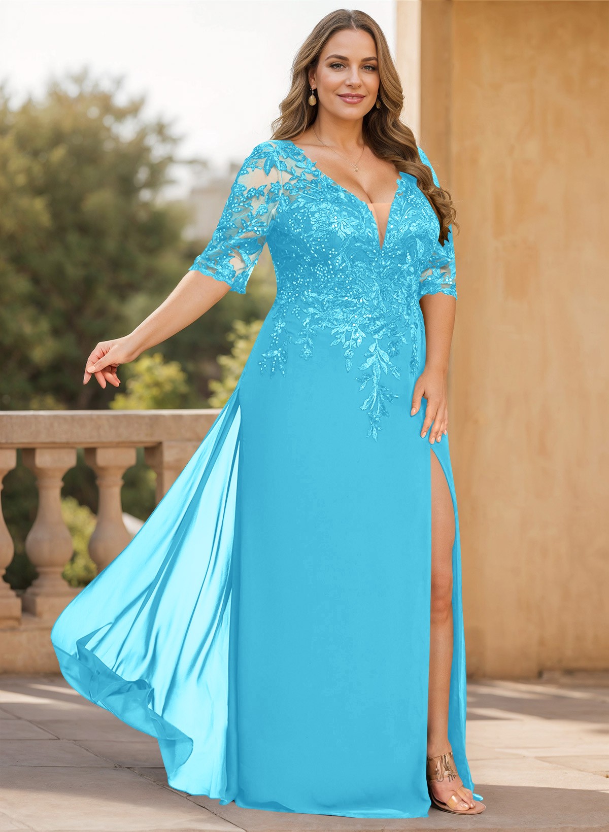 Exquisite Plunge Neck Floral Embroidered Sleeves Chiffon Mother Of The Bride Dresses With High Split