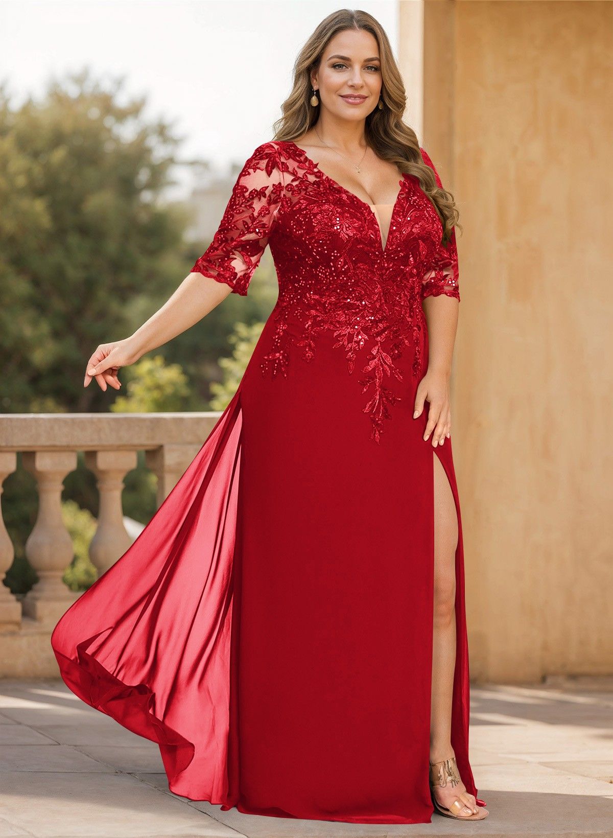 Exquisite Plunge Neck Floral Embroidered Sleeves Chiffon Mother Of The Bride Dresses With High Split