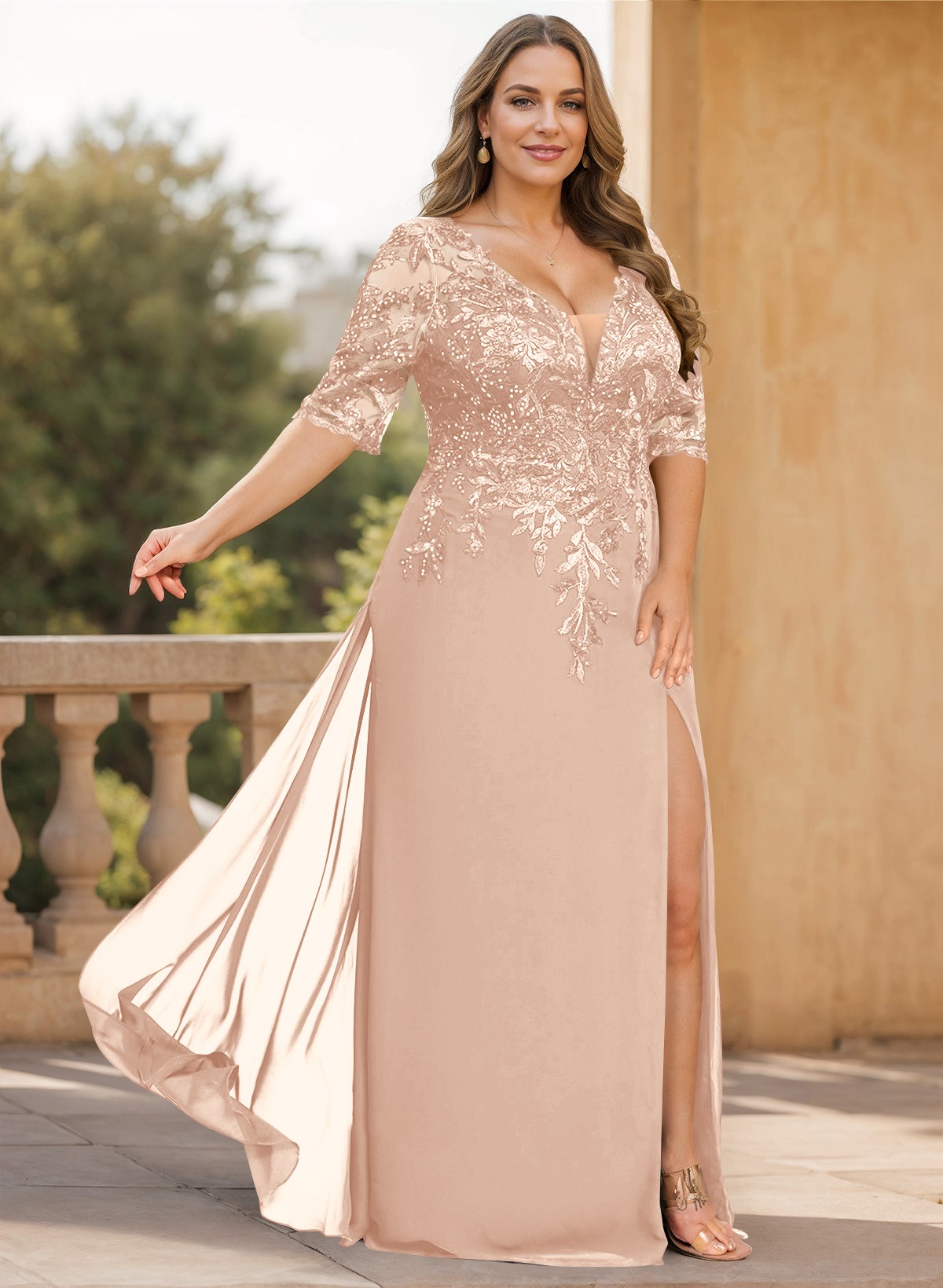 Exquisite Plunge Neck Floral Embroidered Sleeves Chiffon Mother Of The Bride Dresses With High Split