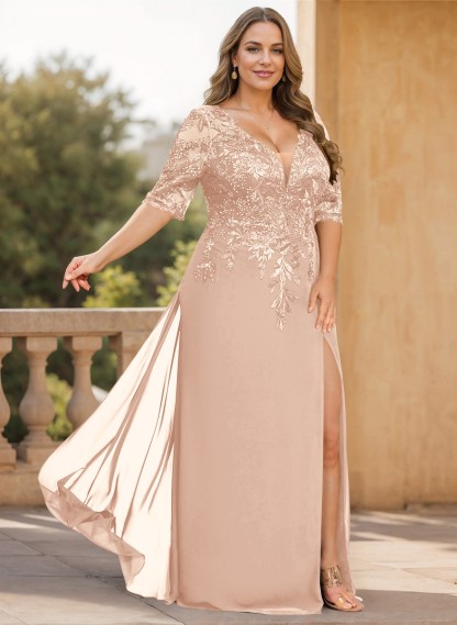 Exquisite Plunge Neck Floral Embroidered Sleeves Chiffon Mother Of The Bride Dresses With High Split