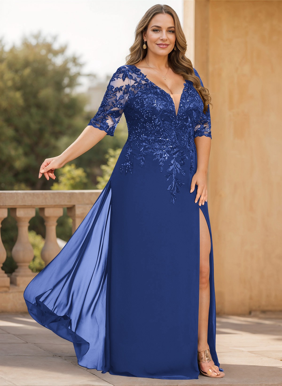 Exquisite Plunge Neck Floral Embroidered Sleeves Chiffon Mother Of The Bride Dresses With High Split