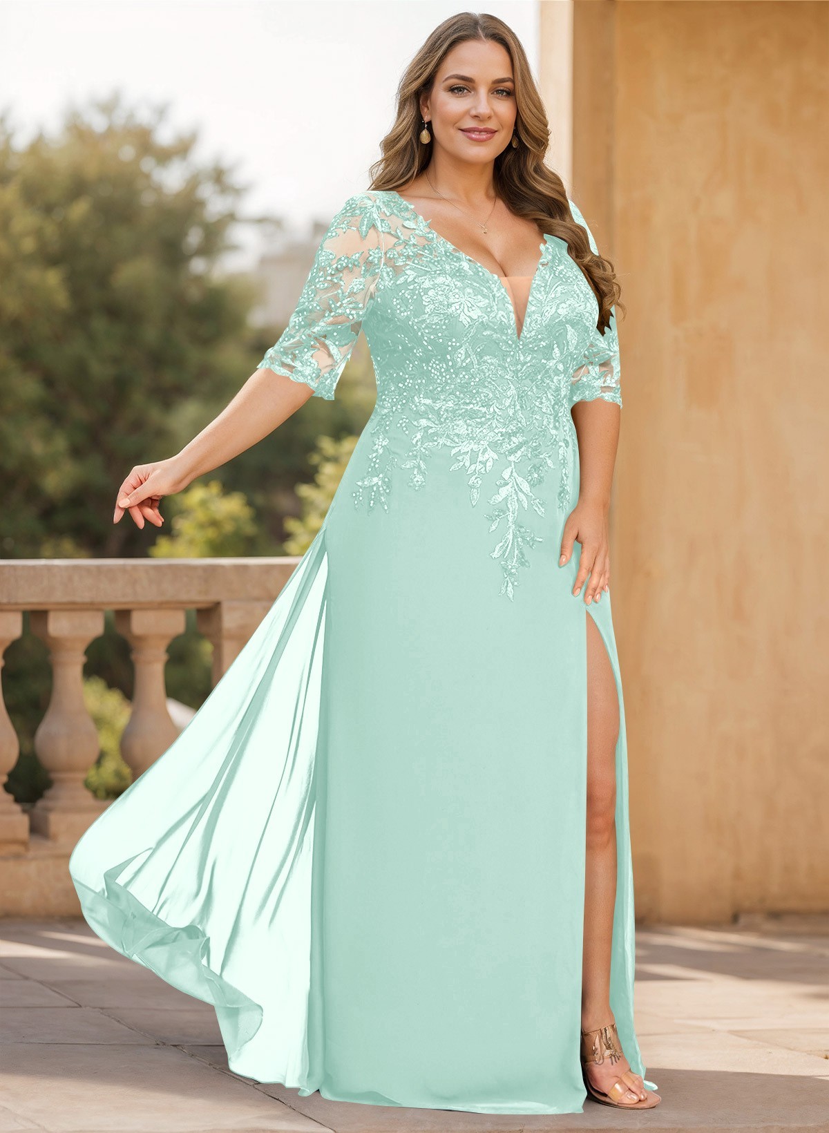 Exquisite Plunge Neck Floral Embroidered Sleeves Chiffon Mother Of The Bride Dresses With High Split