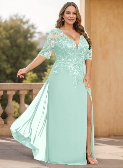 Exquisite Plunge Neck Floral Embroidered Sleeves Chiffon Mother Of The Bride Dresses With High Split