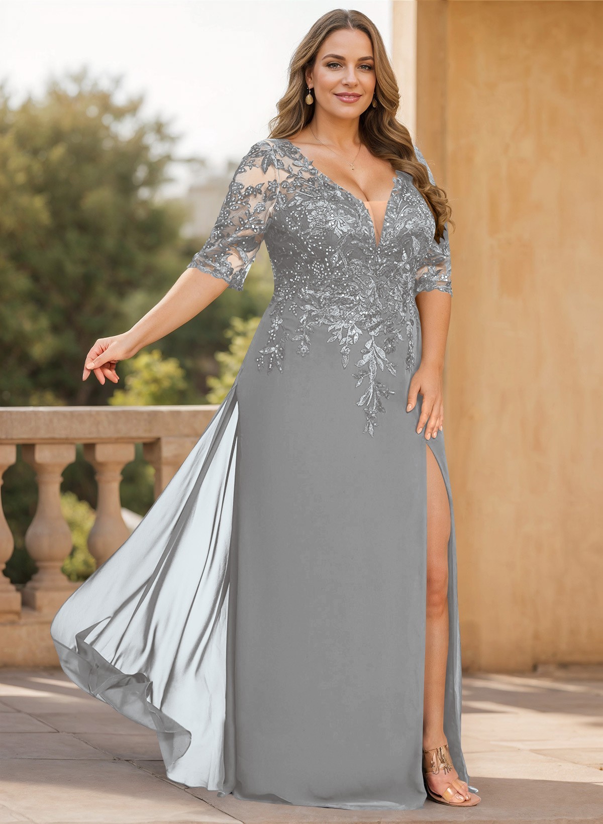 Exquisite Plunge Neck Floral Embroidered Sleeves Chiffon Mother Of The Bride Dresses With High Split