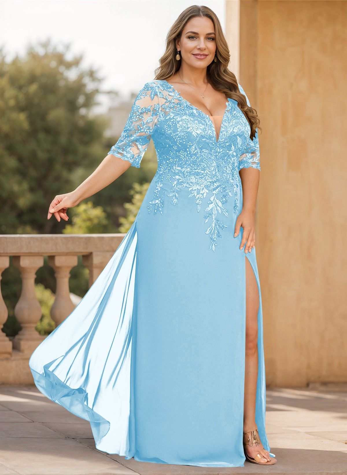 Exquisite Plunge Neck Floral Embroidered Sleeves Chiffon Mother Of The Bride Dresses With High Split