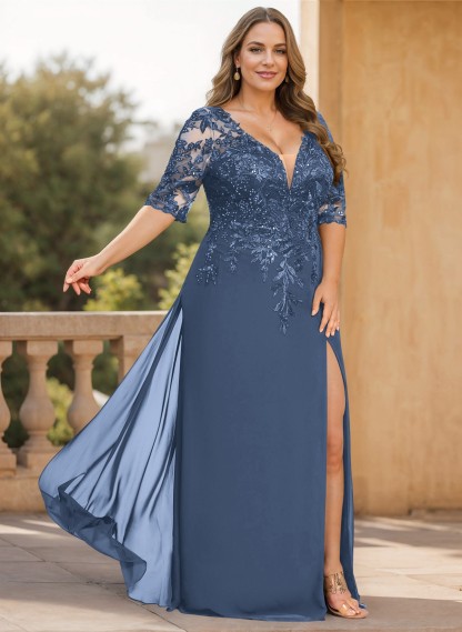 Exquisite Plunge Neck Floral Embroidered Sleeves Chiffon Mother Of The Bride Dresses With High Split