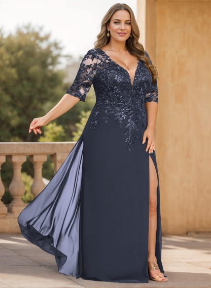 Exquisite Plunge Neck Floral Embroidered Sleeves Chiffon Mother Of The Bride Dresses With High Split