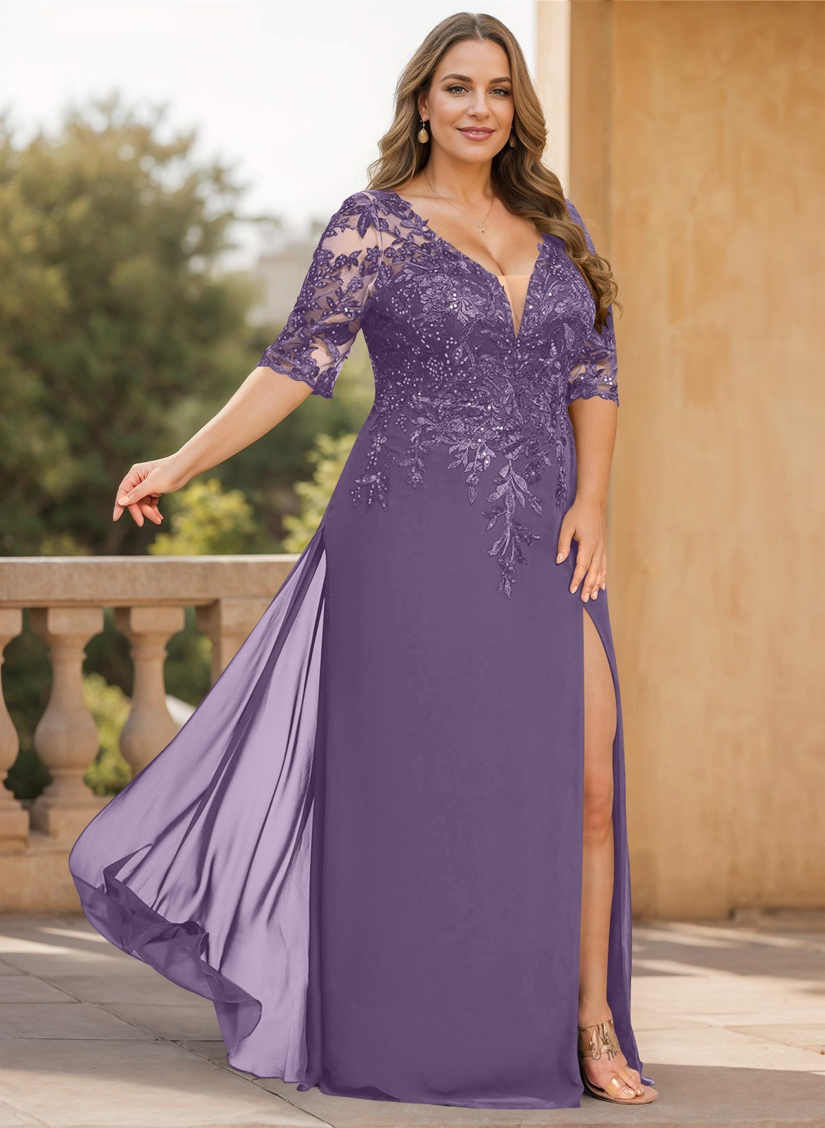 Exquisite Plunge Neck Floral Embroidered Sleeves Chiffon Mother Of The Bride Dresses With High Split