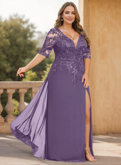 Exquisite Plunge Neck Floral Embroidered Sleeves Chiffon Mother Of The Bride Dresses With High Split