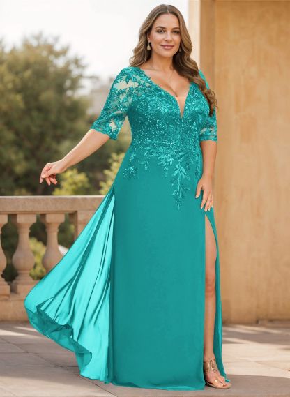 Exquisite Plunge Neck Floral Embroidered Sleeves Chiffon Mother Of The Bride Dresses With High Split