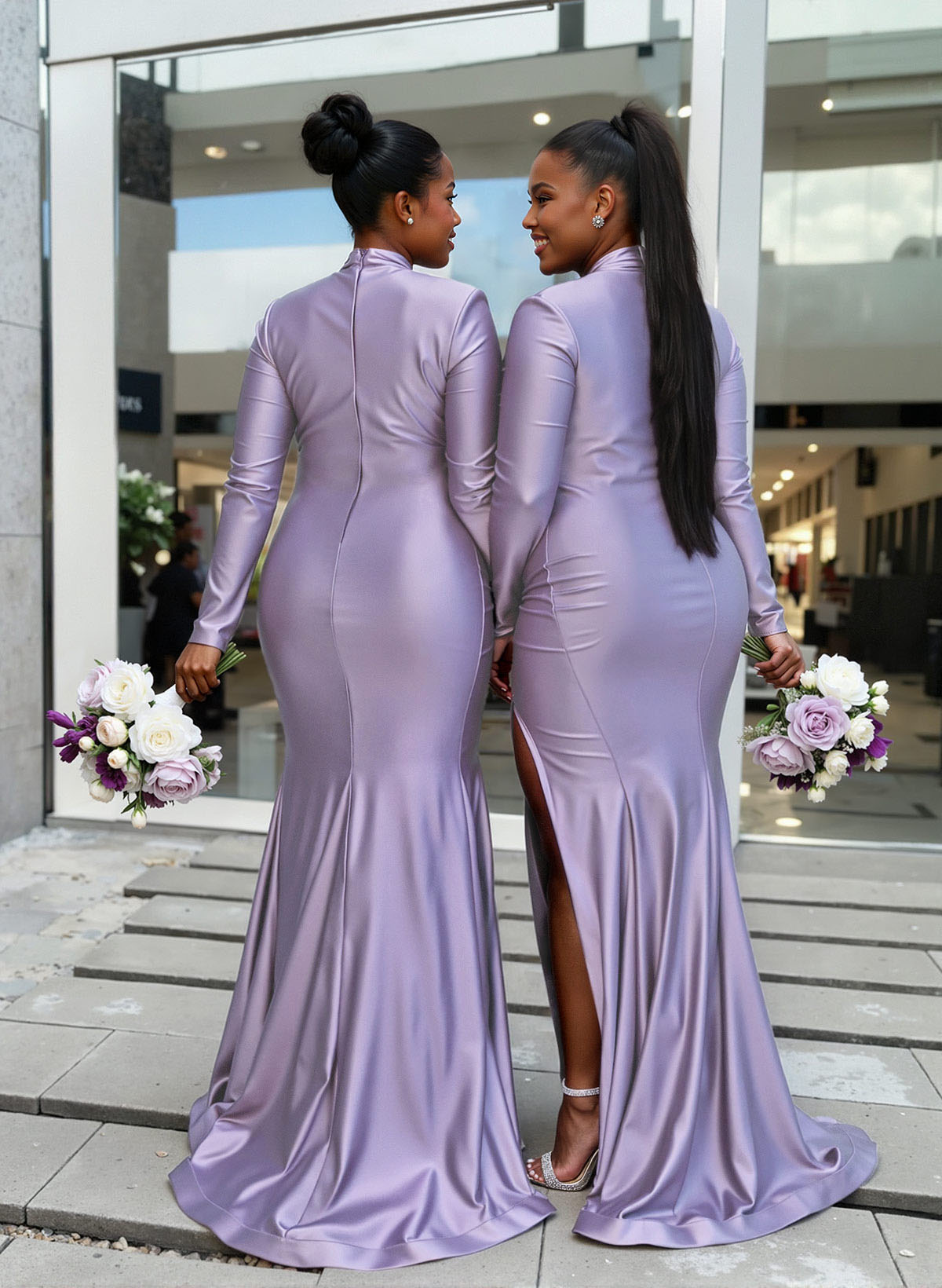 Trumpet/Mermaid High Neck Long Sleeves Stretch Satin Knit Bridesmaid Dresses With High Split