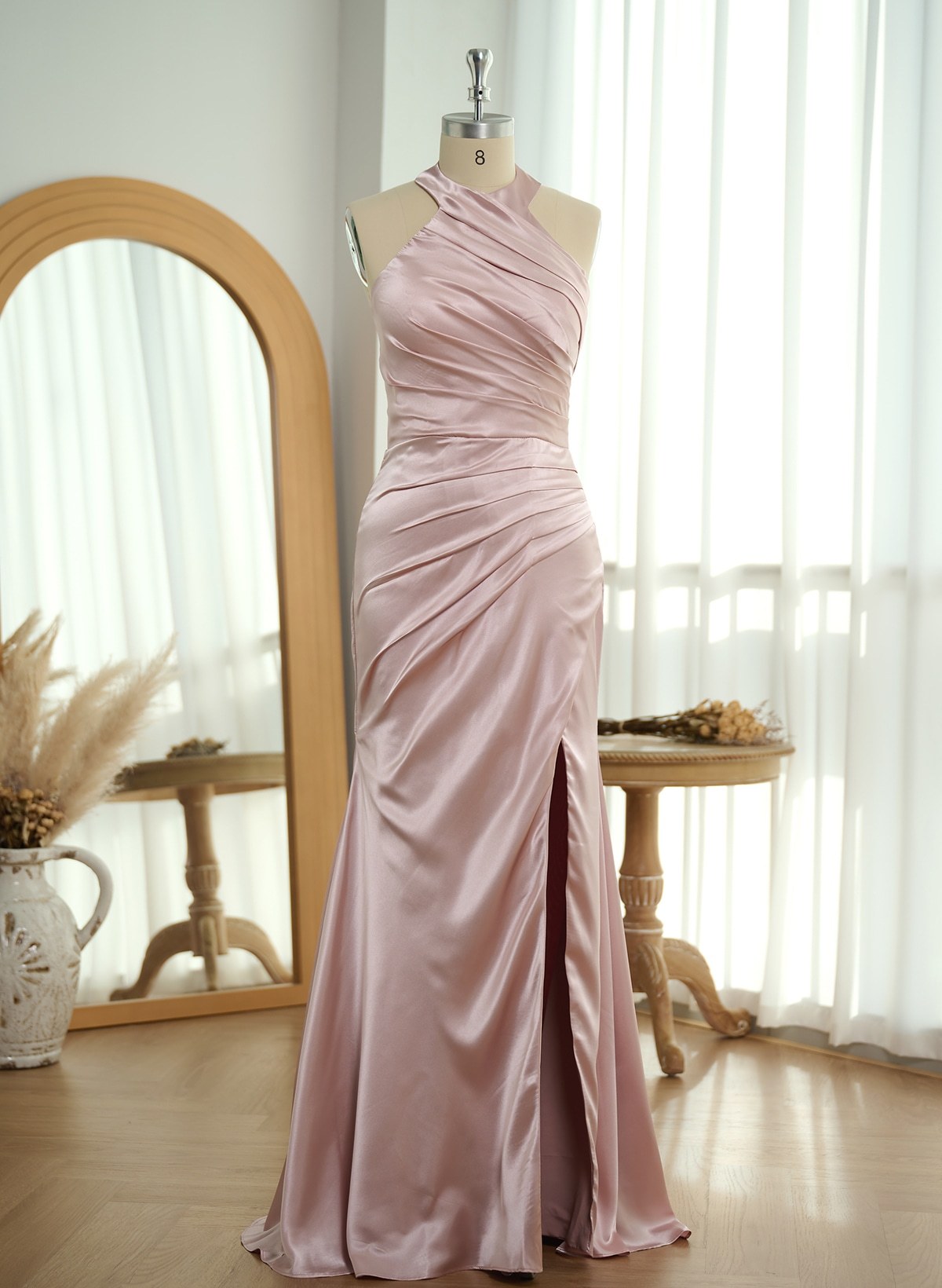 Trumpet/Mermaid Halter Floor-Length Silk Like Satin Bridesmaid Dresses With High Split, product image 5
