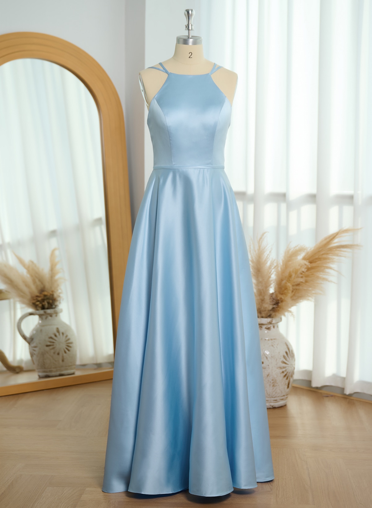Classic Scoop Neck A-Line Floor-Length Satin Bridesmaid Dresses, product image 3