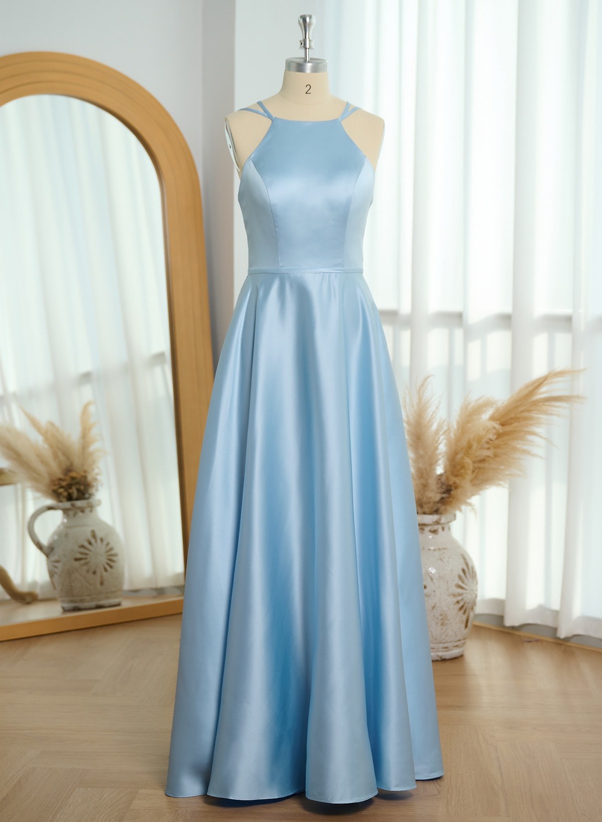 Classic Scoop Neck A-Line Floor-Length Satin Bridesmaid Dresses, product image 3