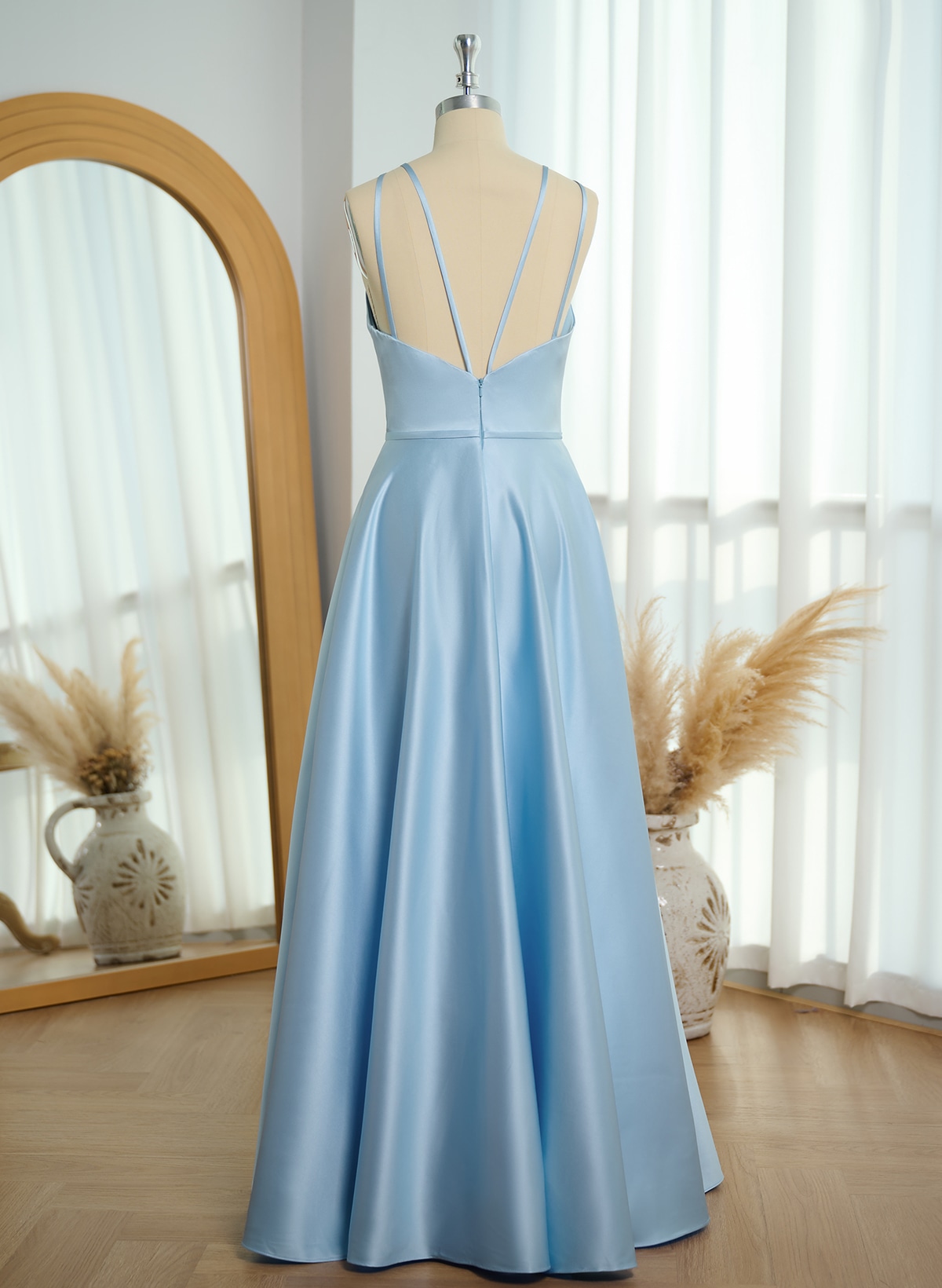 Classic Scoop Neck A-Line Floor-Length Satin Bridesmaid Dresses, product image 4