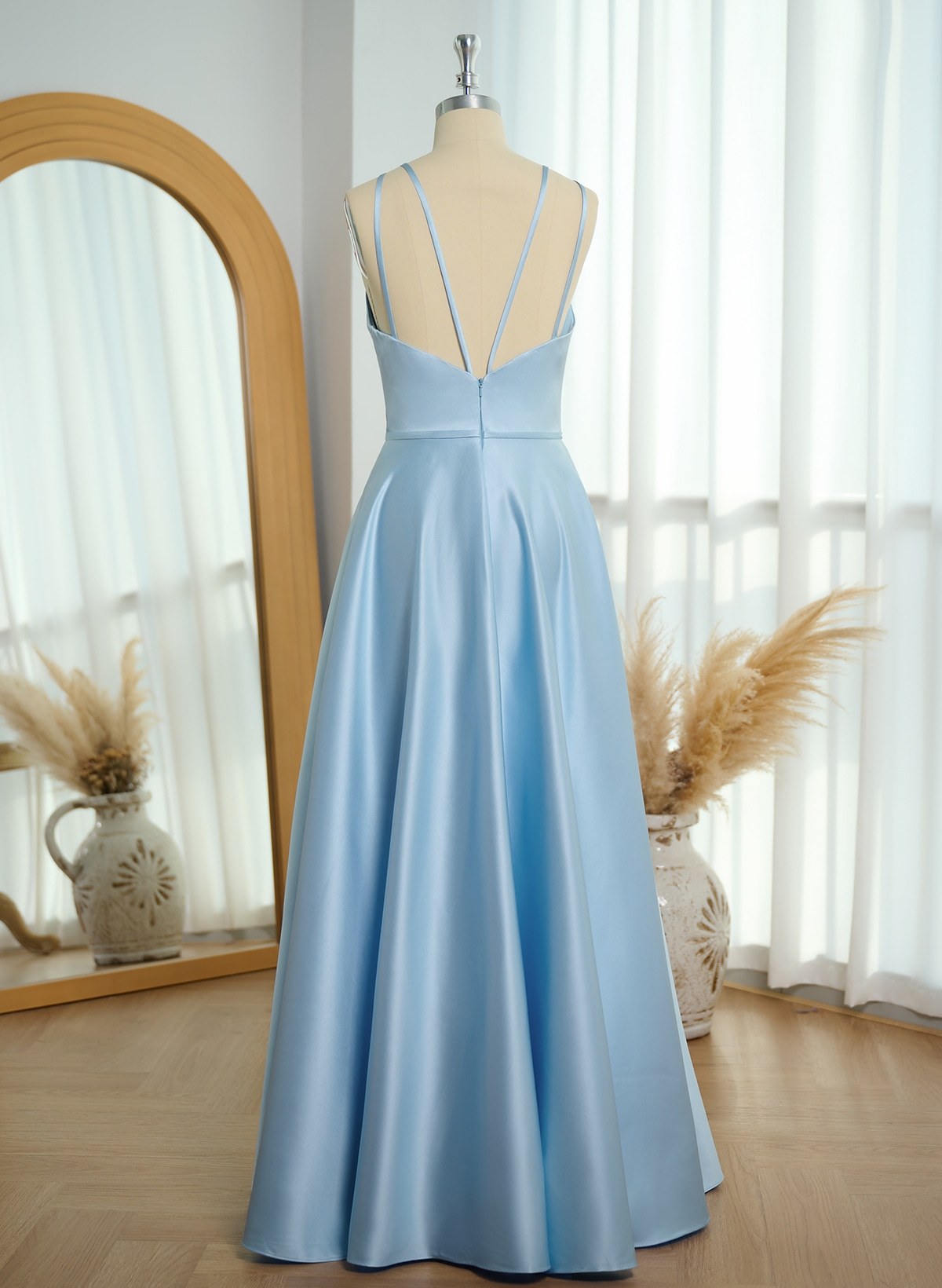 Classic Scoop Neck A-Line Floor-Length Satin Bridesmaid Dresses, product image 4