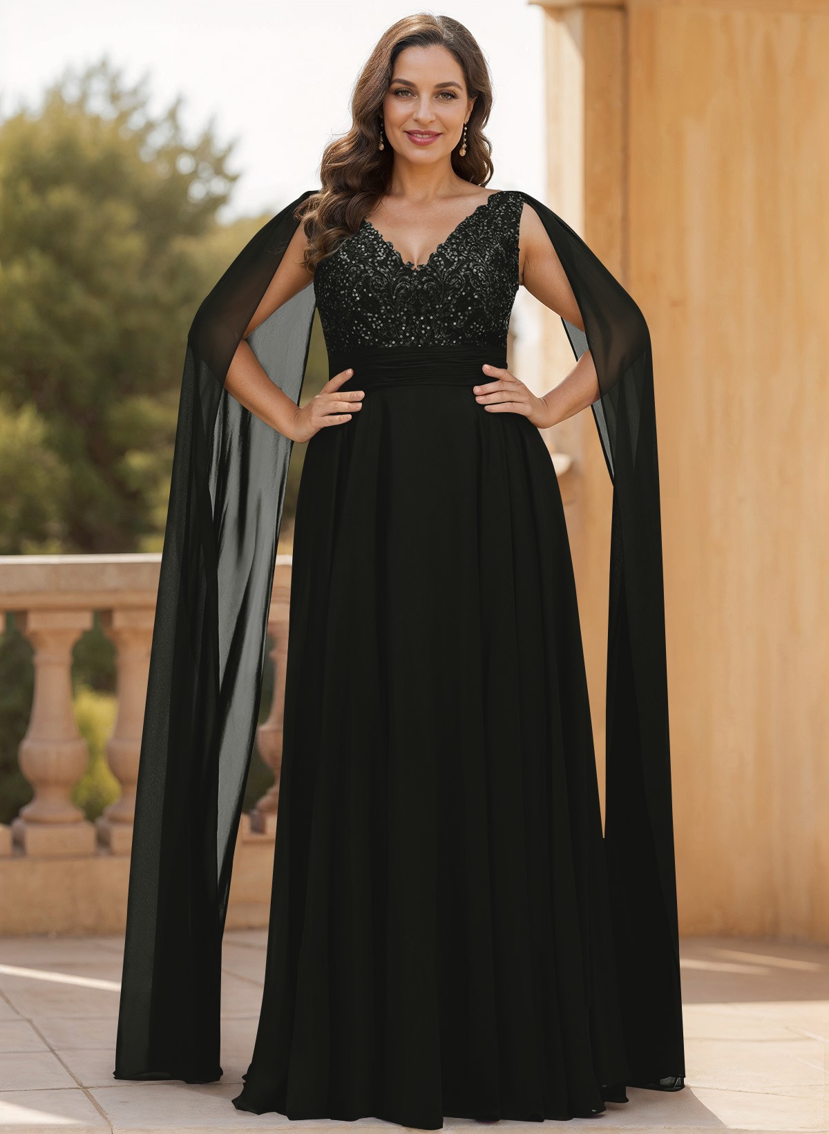 Unique Shoulder Side Drape V-Neck Chiffon Mother Of The Bride Dresses, product image 3