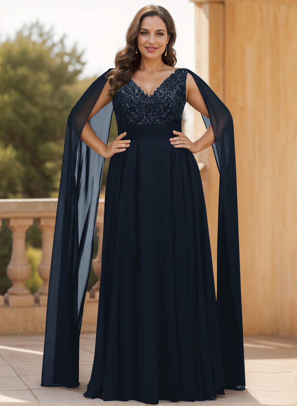 Unique Shoulder Side Drape V-Neck Chiffon Mother Of The Bride Dresses, product image 7