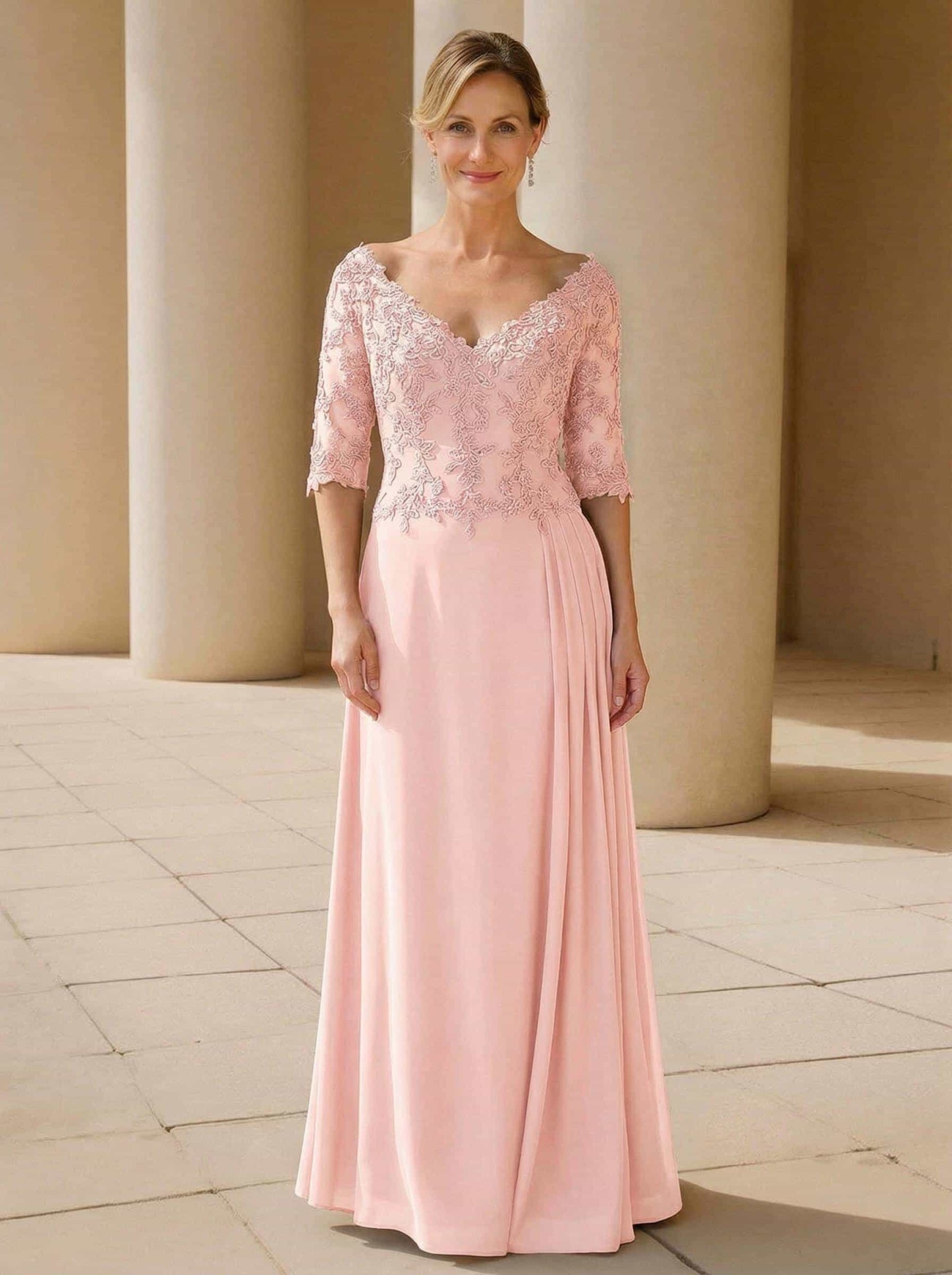 Elegant V-Neck 1/2 Sleeves Floor-Length Lace/Chiffon Mother Of The Bride Dresses With Pleated