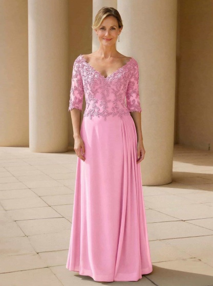 Elegant V-Neck 1/2 Sleeves Floor-Length Lace/Chiffon Mother Of The Bride Dresses With Pleated