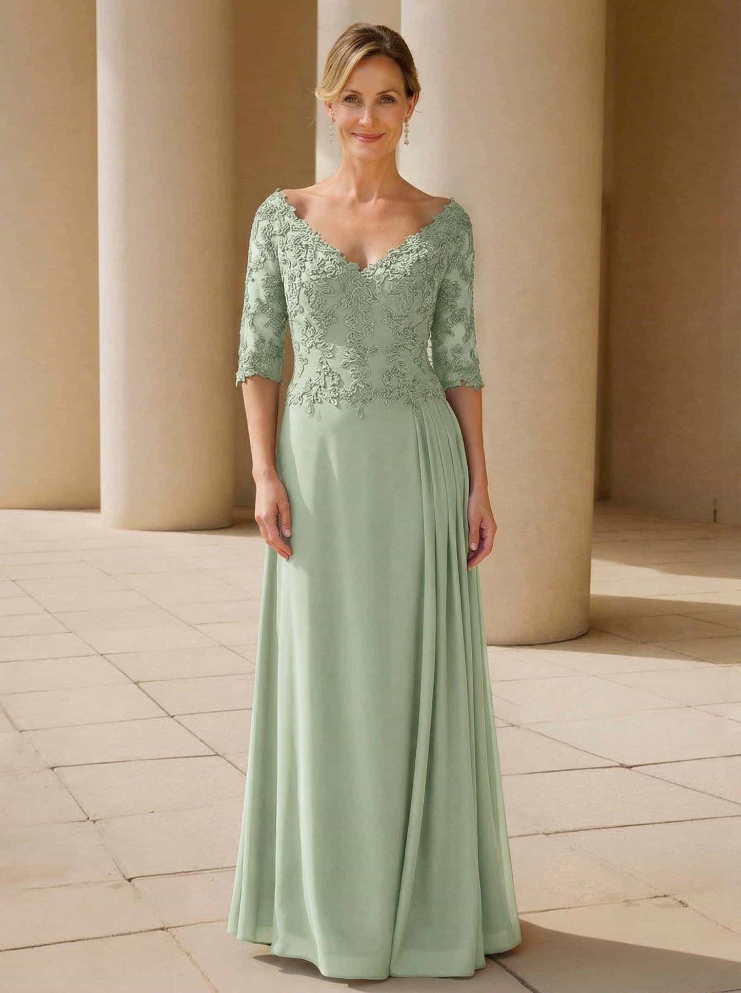 Elegant V-Neck 1/2 Sleeves Floor-Length Lace/Chiffon Mother Of The Bride Dresses With Pleated
