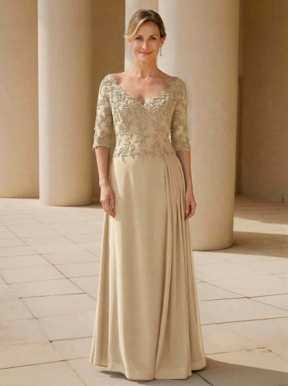 Elegant V-Neck 1/2 Sleeves Floor-Length Lace/Chiffon Mother Of The Bride Dresses With Pleated