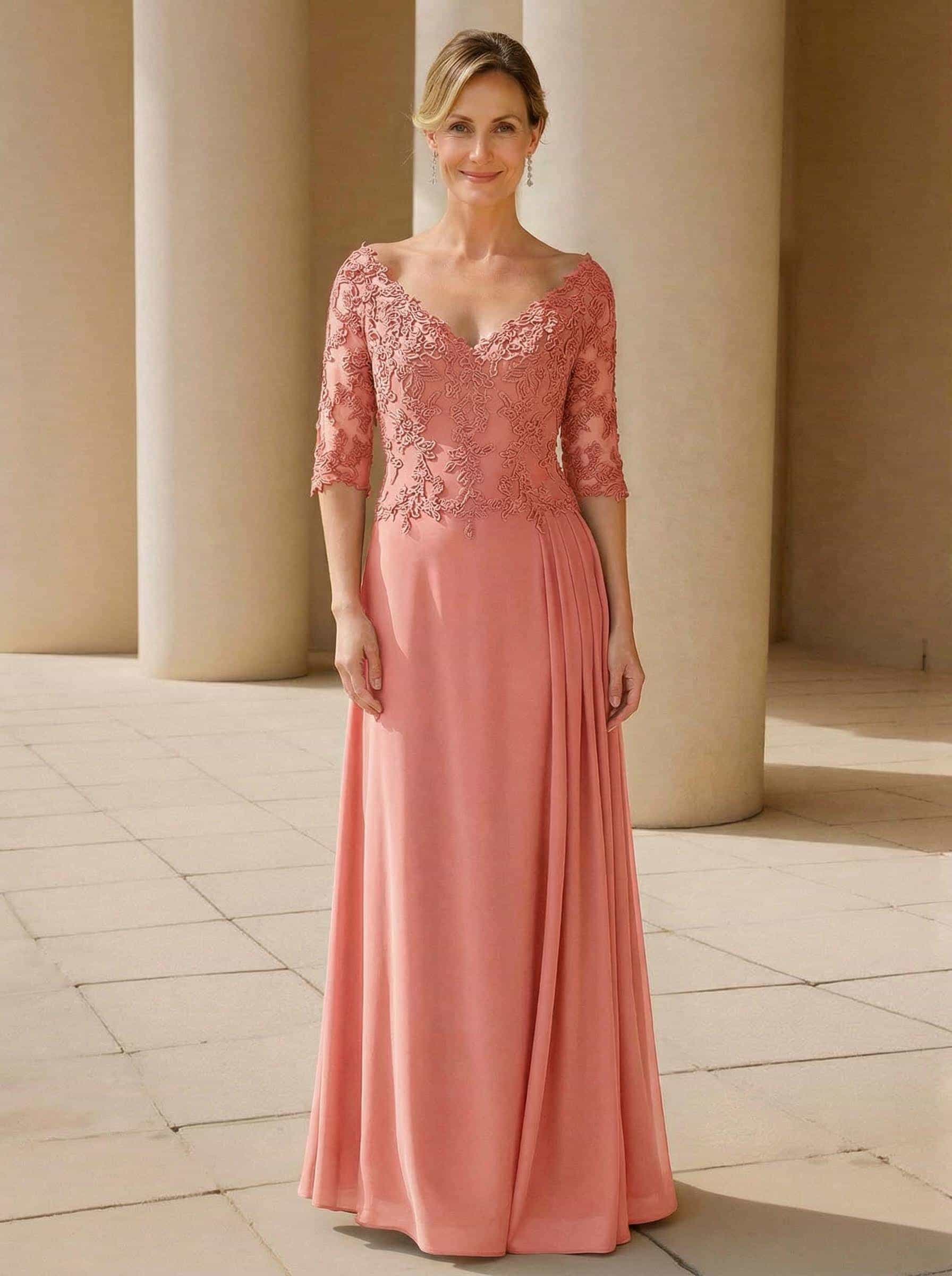 Elegant V-Neck 1/2 Sleeves Floor-Length Lace/Chiffon Mother Of The Bride Dresses With Pleated