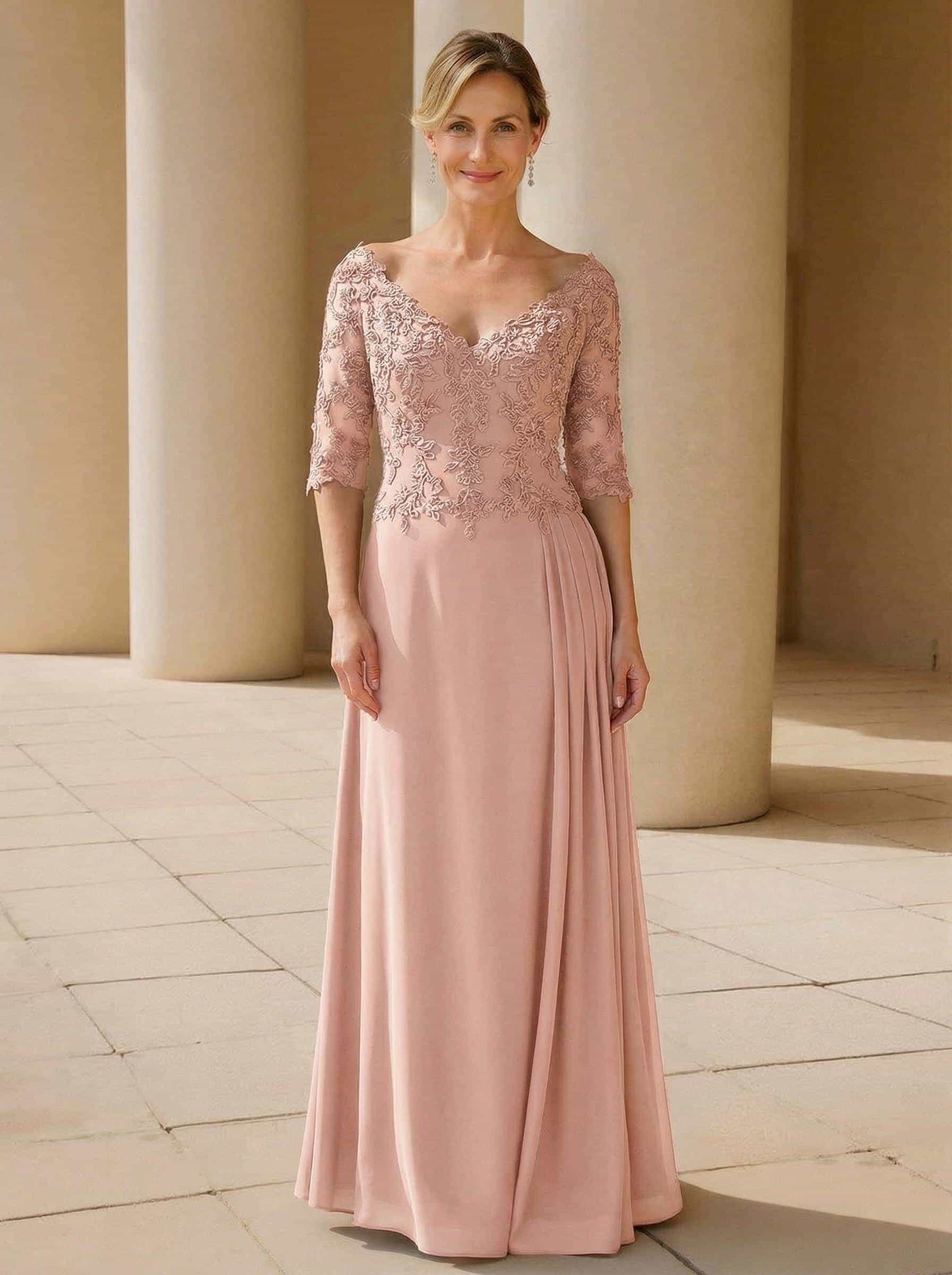 Elegant V-Neck 1/2 Sleeves Floor-Length Lace/Chiffon Mother Of The Bride Dresses With Pleated