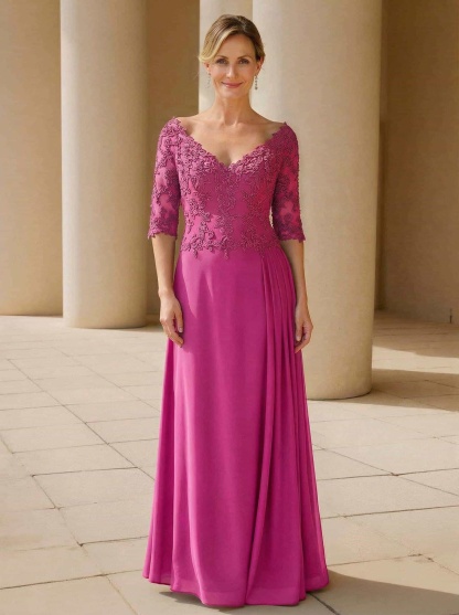 Elegant V-Neck 1/2 Sleeves Floor-Length Lace/Chiffon Mother Of The Bride Dresses With Pleated