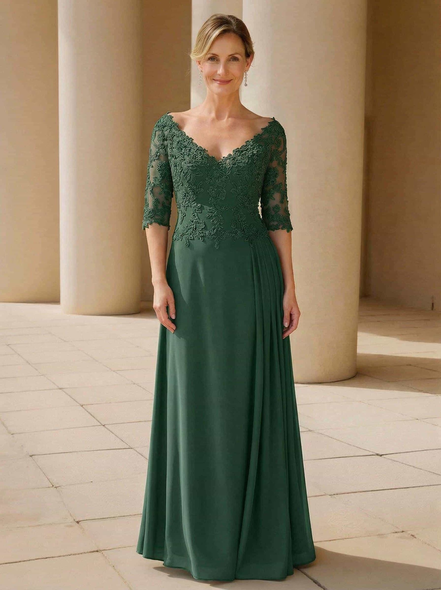 Elegant V-Neck 1/2 Sleeves Floor-Length Lace/Chiffon Mother Of The Bride Dresses With Pleated