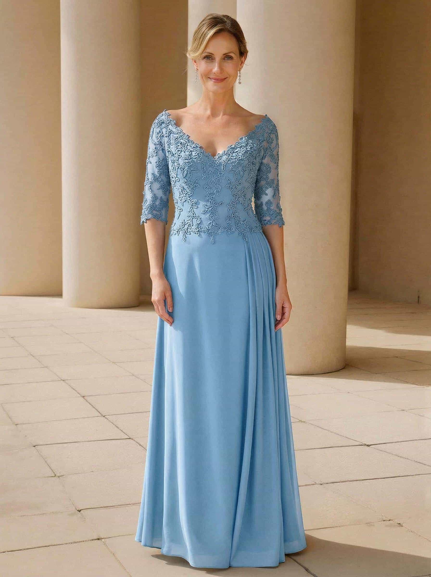 Elegant V-Neck 1/2 Sleeves Floor-Length Lace/Chiffon Mother Of The Bride Dresses With Pleated