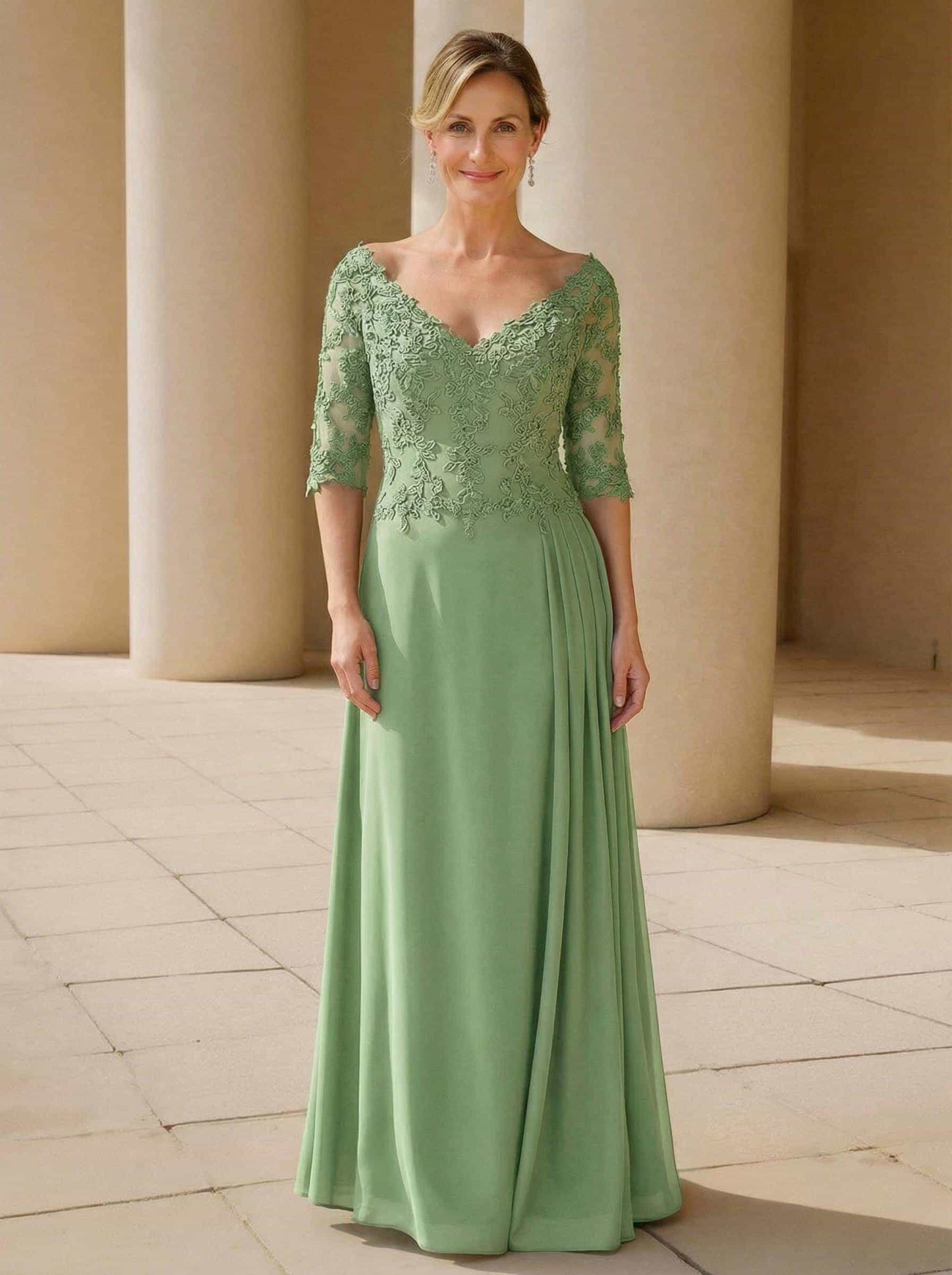 Elegant V-Neck 1/2 Sleeves Floor-Length Lace/Chiffon Mother Of The Bride Dresses With Pleated