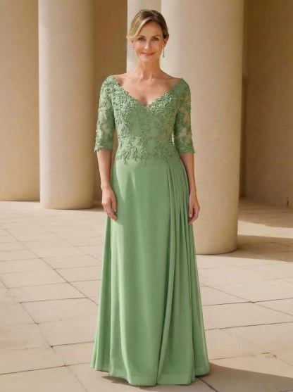 Elegant V-Neck 1/2 Sleeves Floor-Length Lace/Chiffon Mother Of The Bride Dresses With Pleated