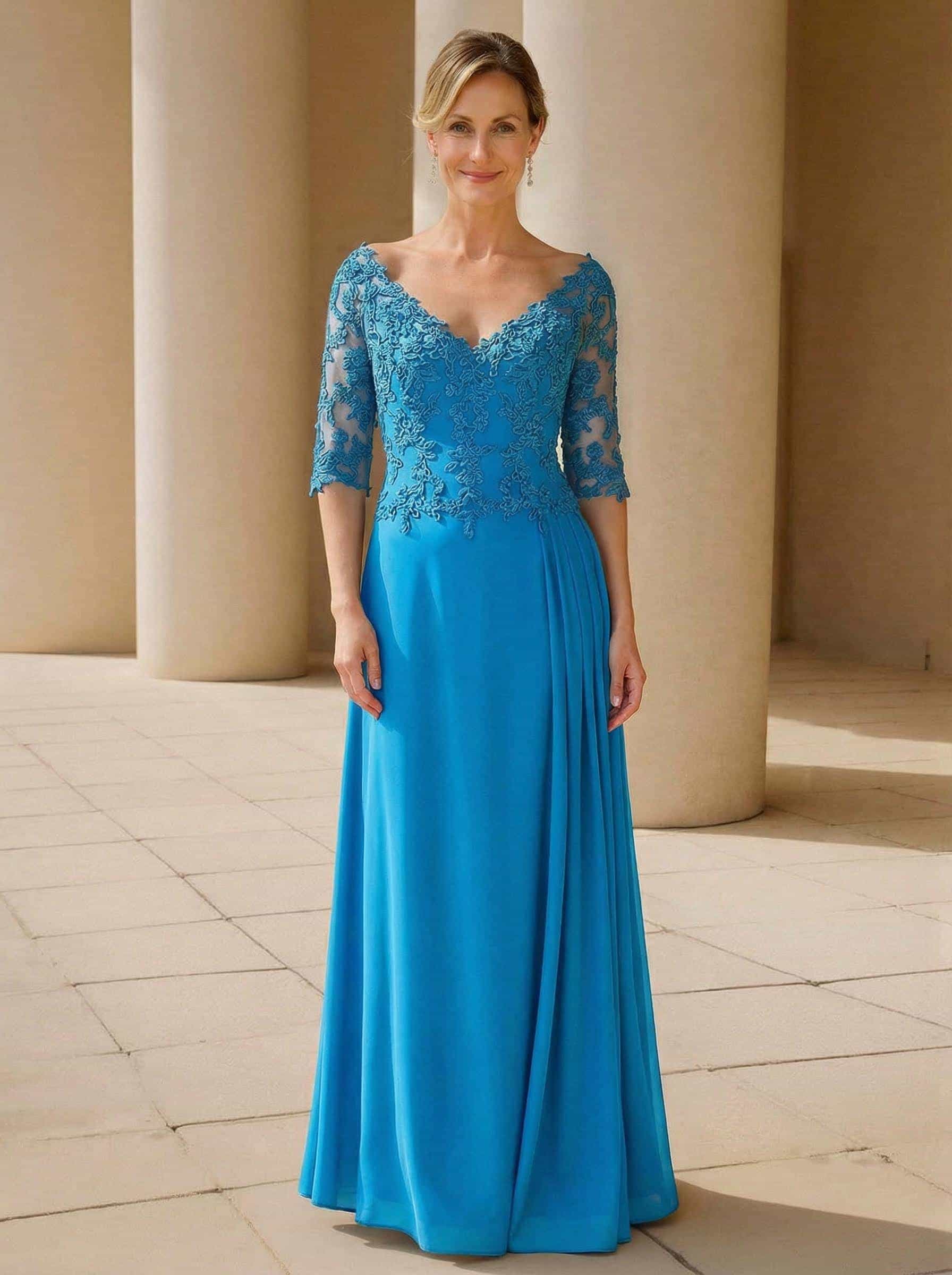Elegant V-Neck 1/2 Sleeves Floor-Length Lace/Chiffon Mother Of The Bride Dresses With Pleated