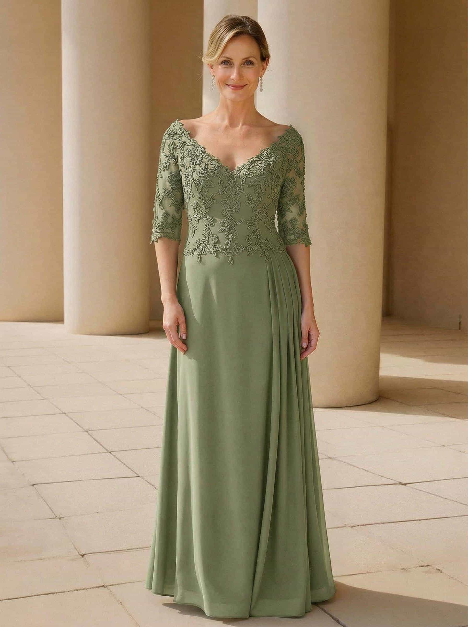 Elegant V-Neck 1/2 Sleeves Floor-Length Lace/Chiffon Mother Of The Bride Dresses With Pleated