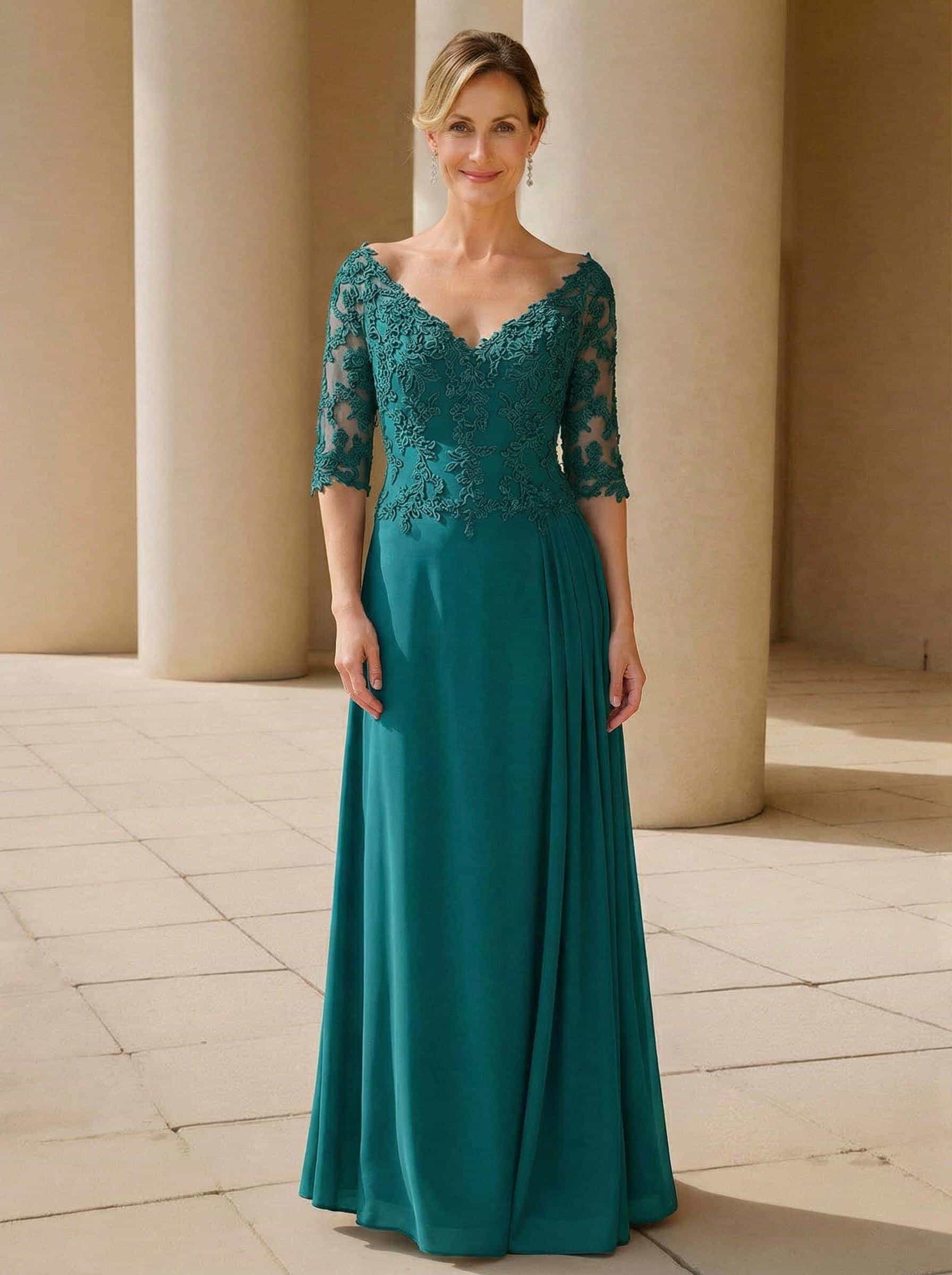 Elegant V-Neck 1/2 Sleeves Floor-Length Lace/Chiffon Mother Of The Bride Dresses With Pleated