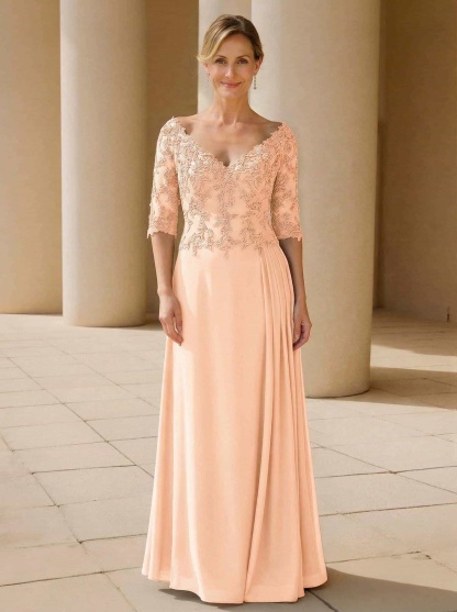 Elegant V-Neck 1/2 Sleeves Floor-Length Lace/Chiffon Mother Of The Bride Dresses With Pleated