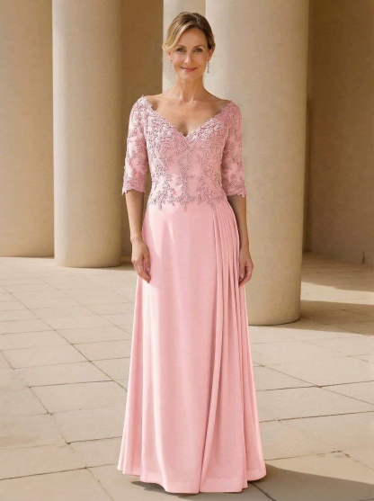 Elegant V-Neck 1/2 Sleeves Floor-Length Lace/Chiffon Mother Of The Bride Dresses With Pleated