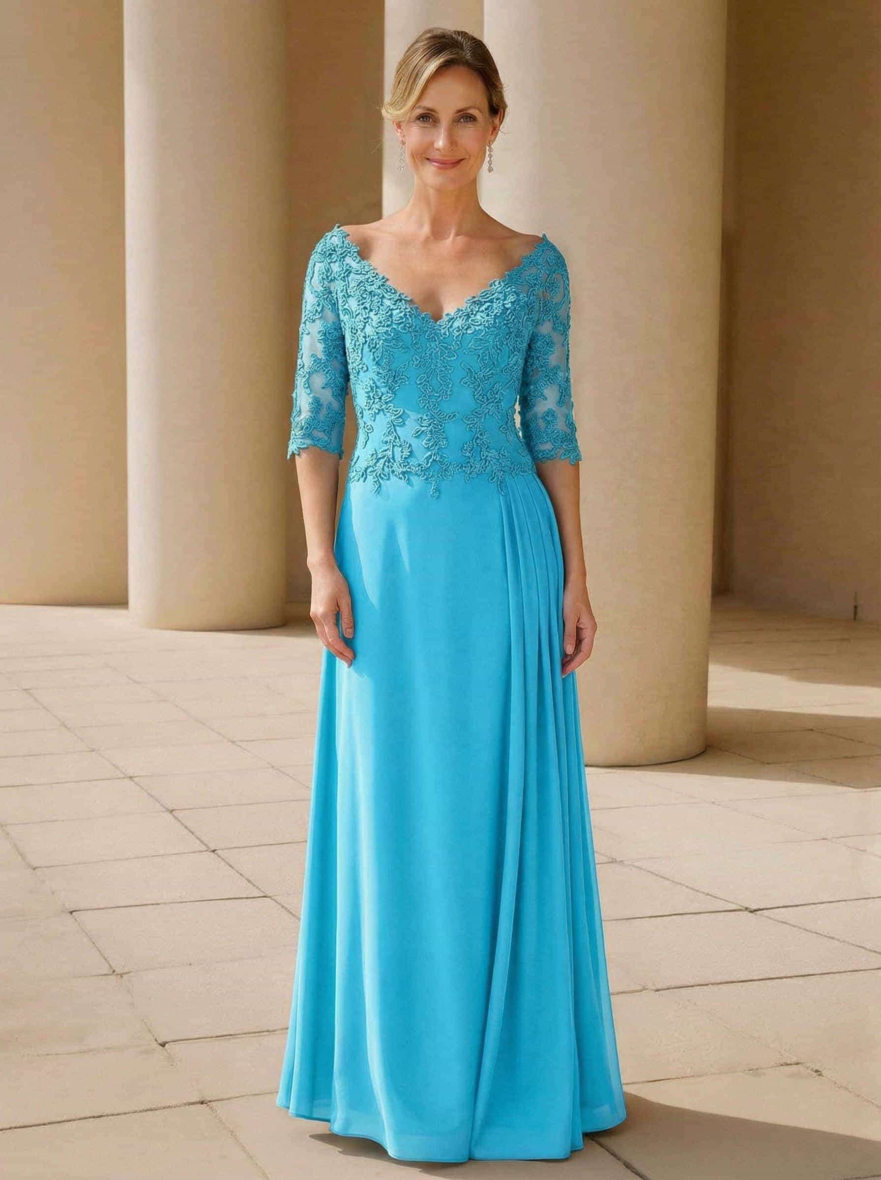 Elegant V-Neck 1/2 Sleeves Floor-Length Lace/Chiffon Mother Of The Bride Dresses With Pleated