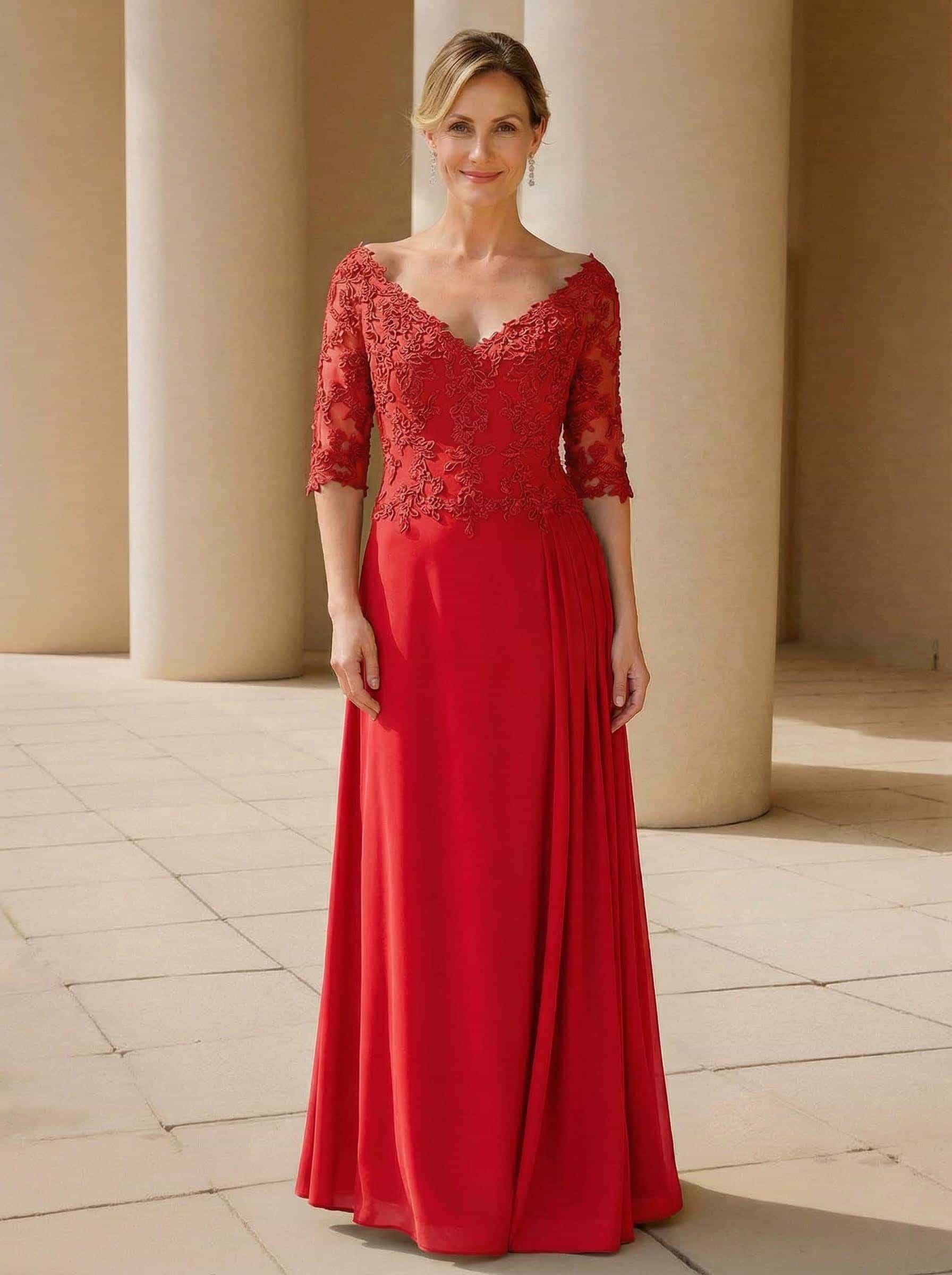 Elegant V-Neck 1/2 Sleeves Floor-Length Lace/Chiffon Mother Of The Bride Dresses With Pleated