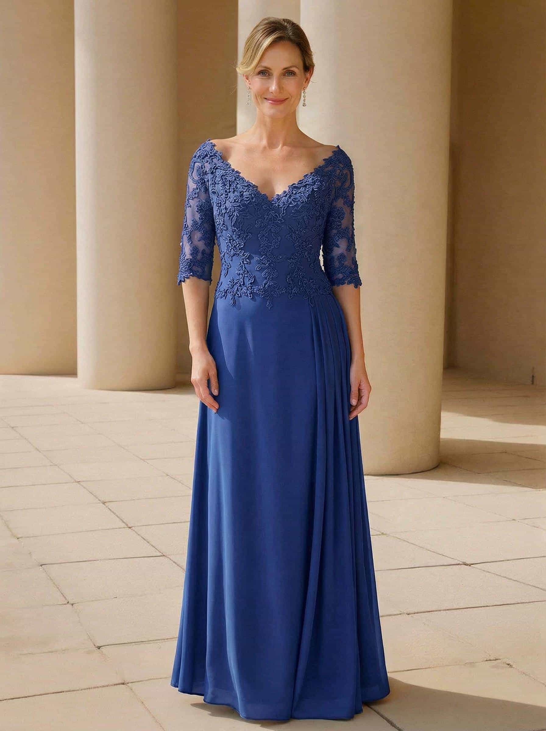 Elegant V-Neck 1/2 Sleeves Floor-Length Lace/Chiffon Mother Of The Bride Dresses With Pleated