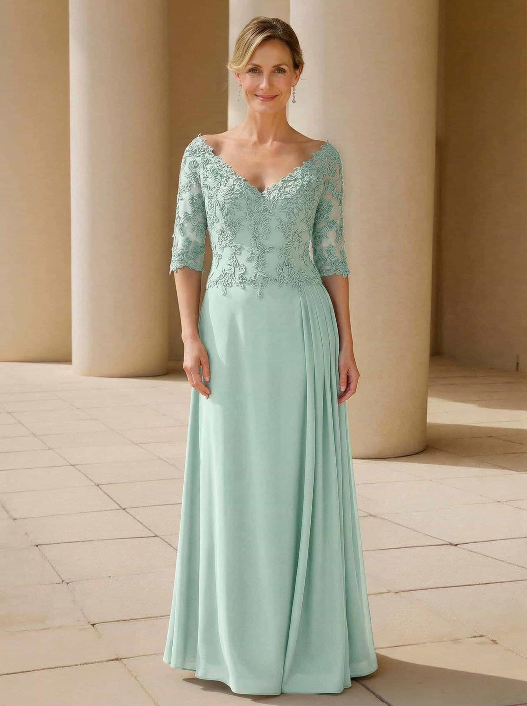 Elegant V-Neck 1/2 Sleeves Floor-Length Lace/Chiffon Mother Of The Bride Dresses With Pleated