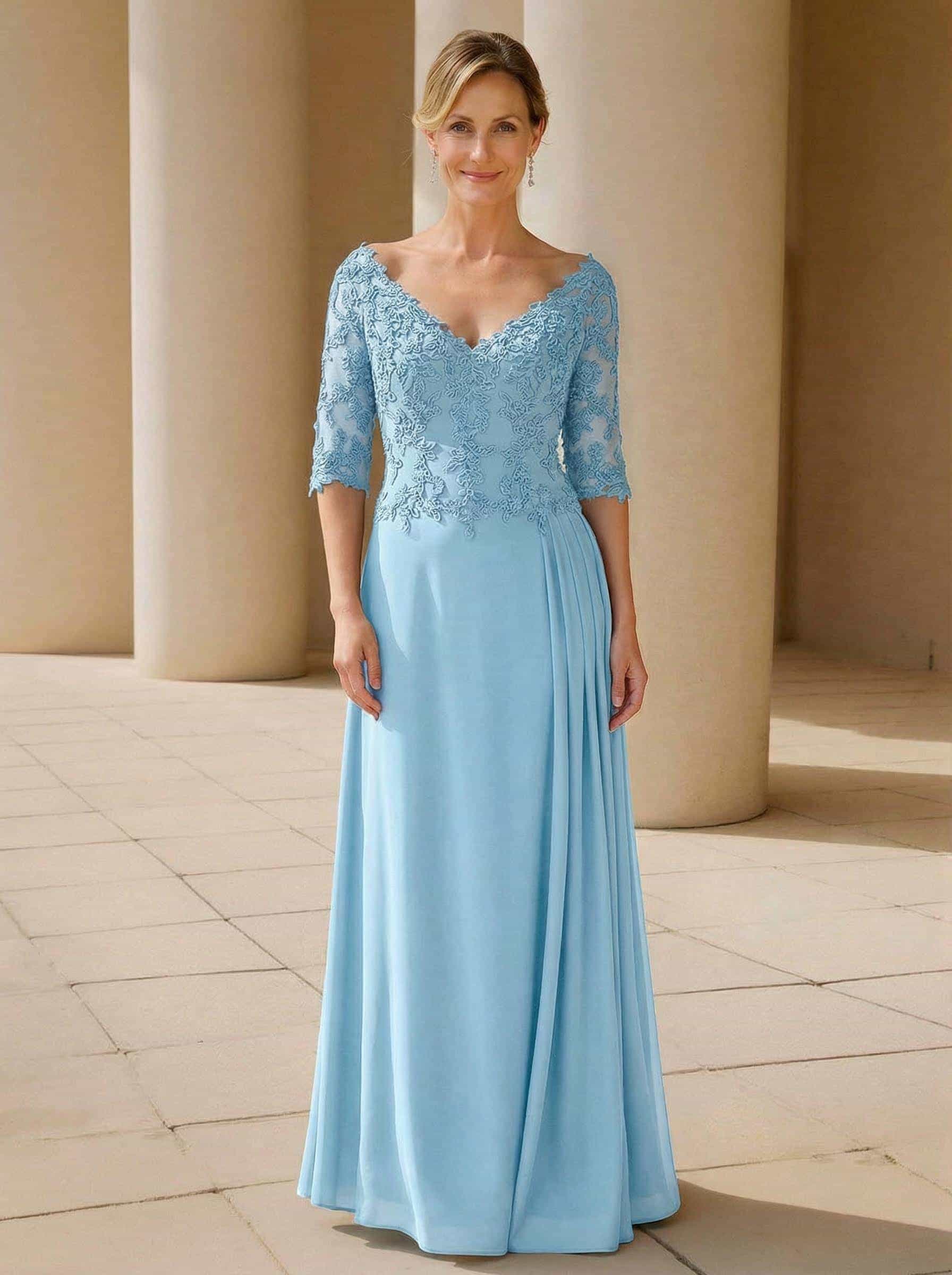 Elegant V-Neck 1/2 Sleeves Floor-Length Lace/Chiffon Mother Of The Bride Dresses With Pleated