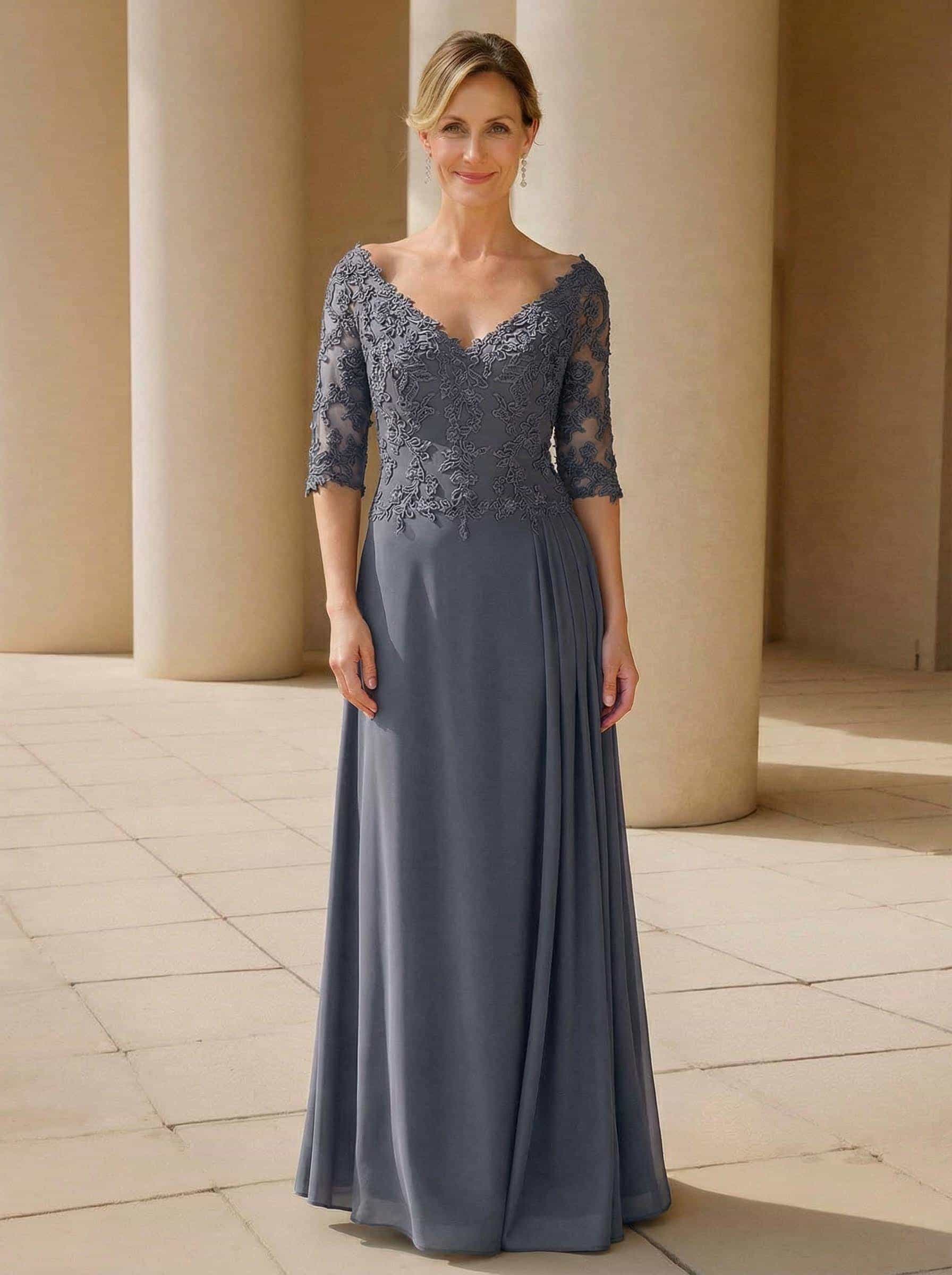 Elegant V-Neck 1/2 Sleeves Floor-Length Lace/Chiffon Mother Of The Bride Dresses With Pleated